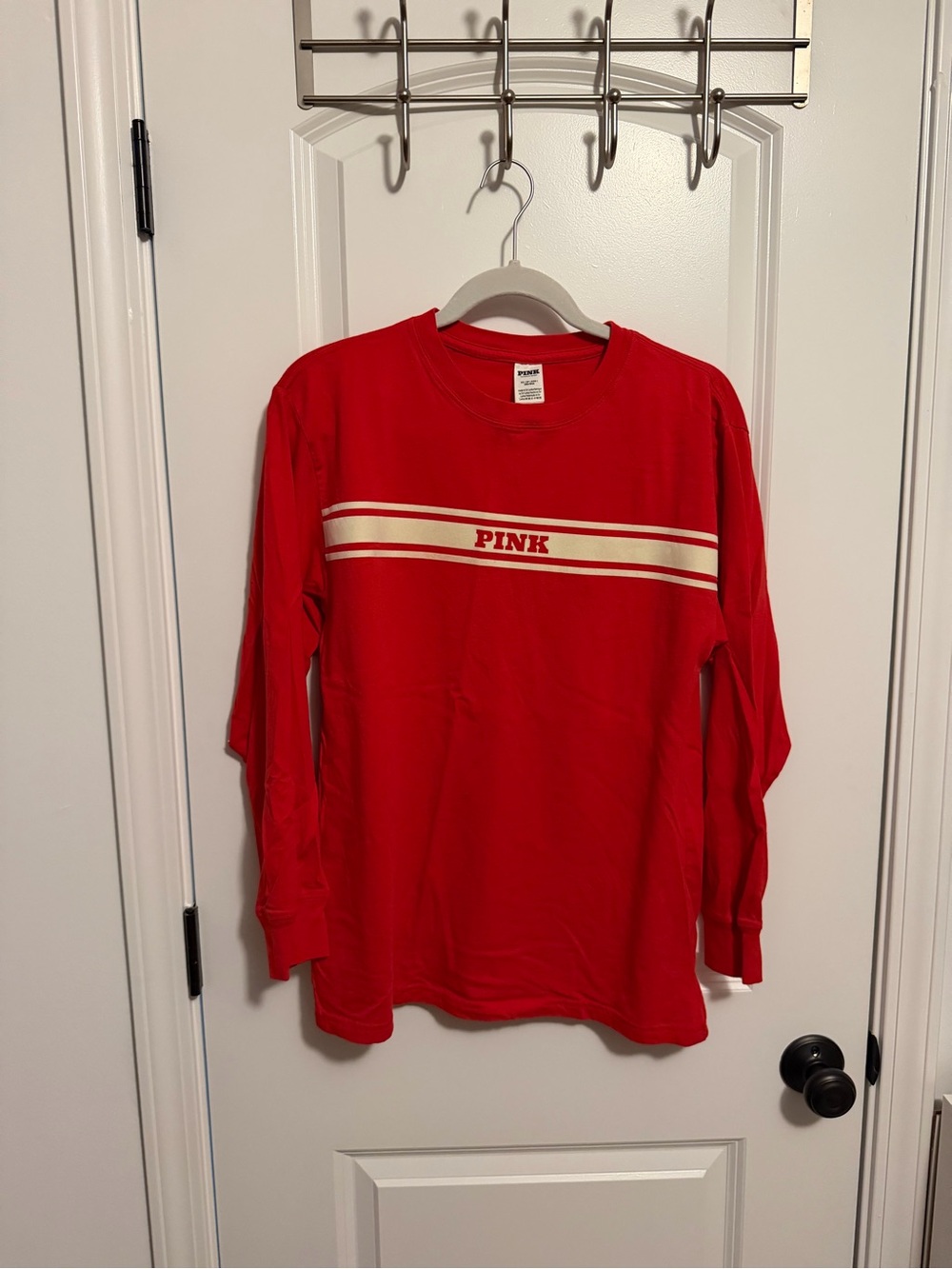PINK Victoria's Secret Red Long Sleeve Crewneck with Cream Stripe